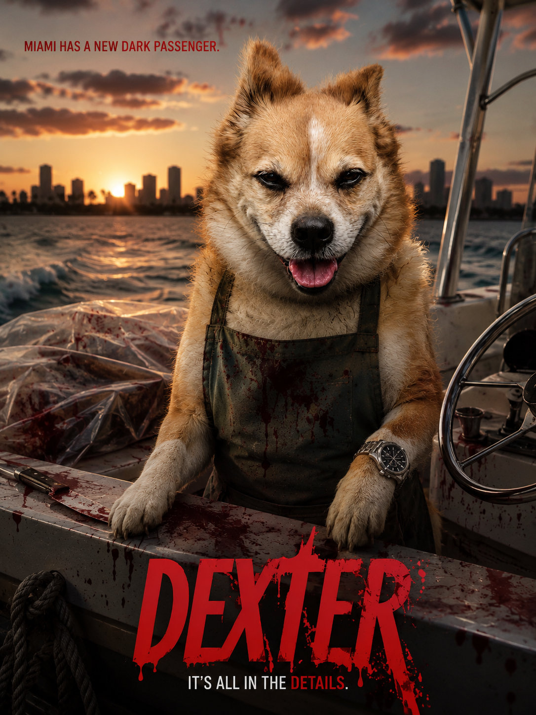 Dexter on his boat at sunset off the Miami coast