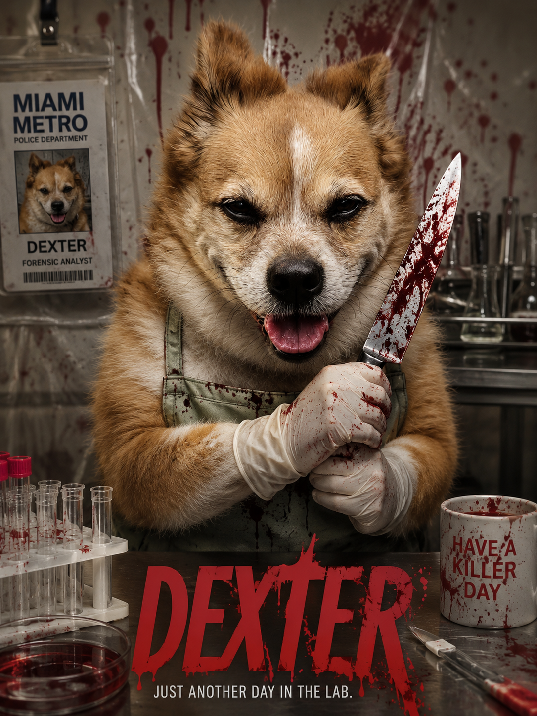Dexter the dog in his blood-spatter lab holding a knife, Miami Metro badge behind him