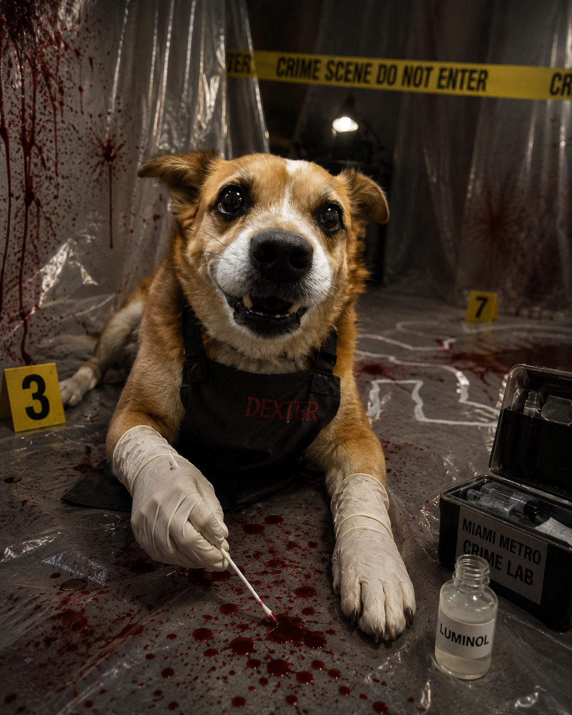 Dexter working a crime scene with evidence markers and a swab